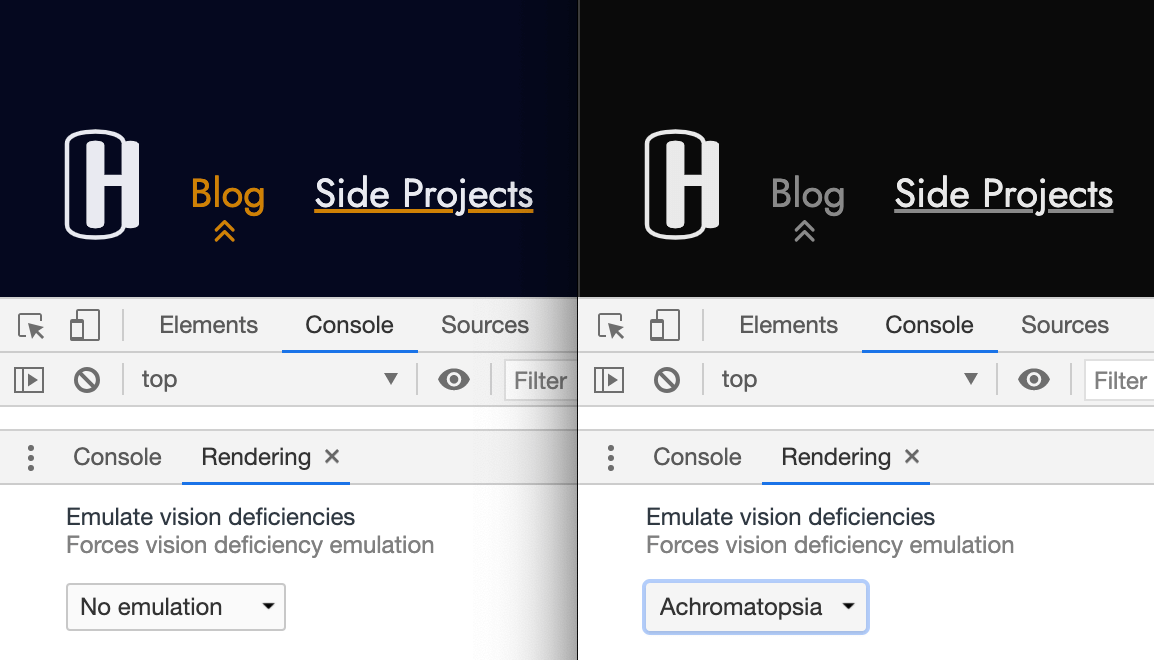 Screenshot comparing this websites navigation in colour and black and white.
