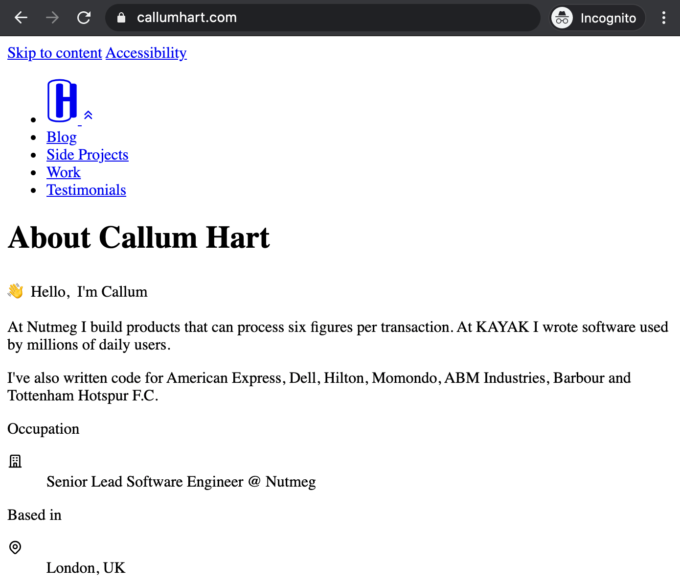 Screenshot of my homepage without any CSS. Black text and blue links on a white background.