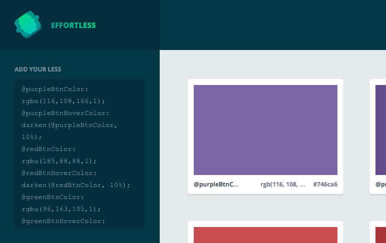 Screenshot of the EffortLESS web application with an example colour pallette.