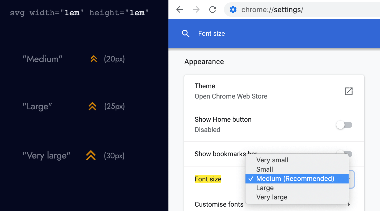 Three icons at different sizes based on Google Chromes font size settings.