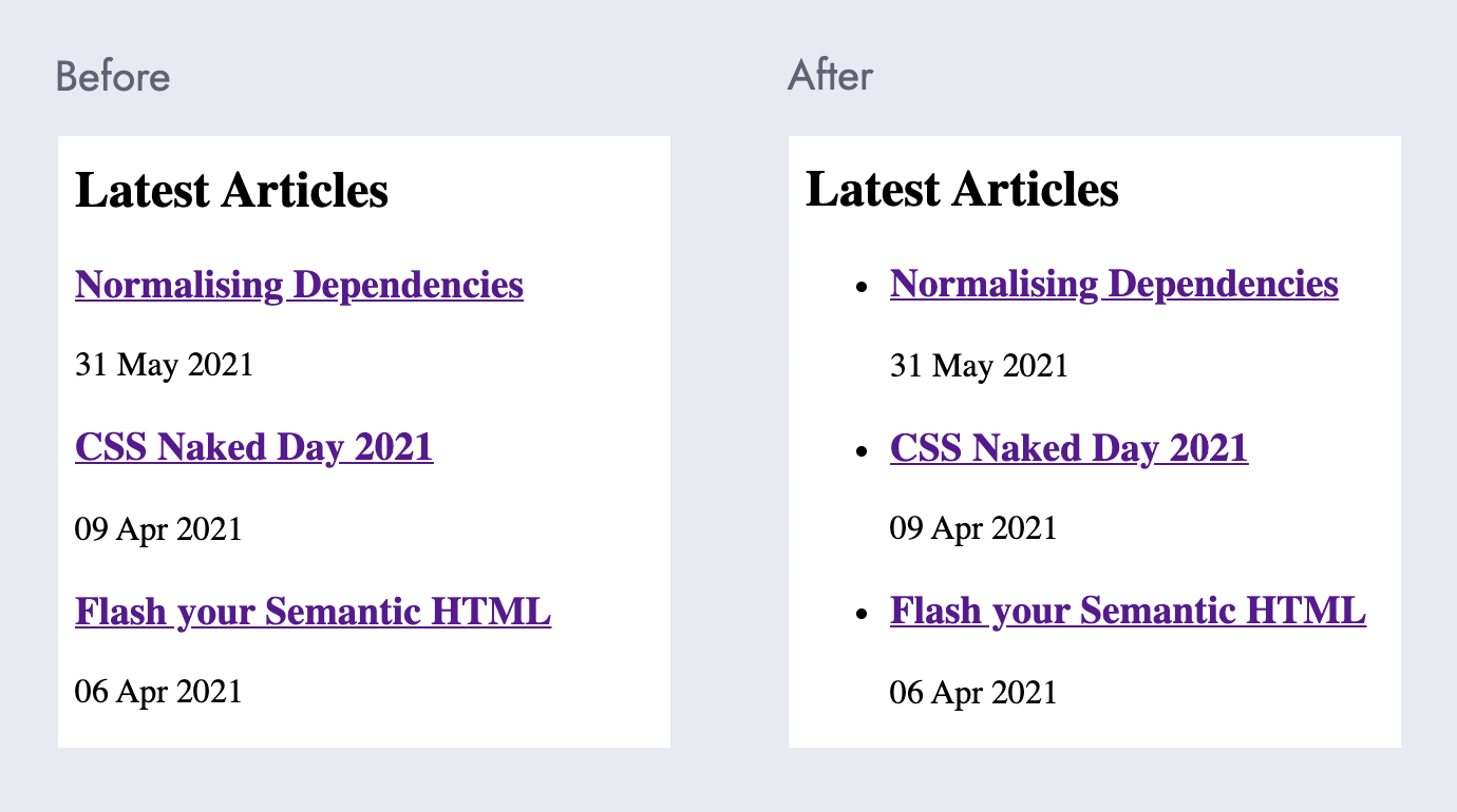 Two columns. The left one titled: Before, shows black and purple serif text on a white background. The right column titled: After, displays the same content as a list with bullet points.